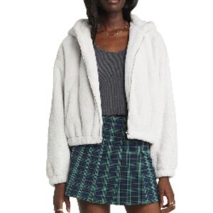 B.P Faux Fur Teddy Hooded Oversized Bomber Jacket Grey Fog SZ S NWOT